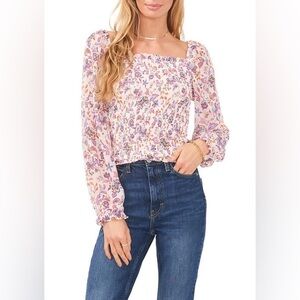 1.State Women's Long Blouson Sleeve Smocked Bodice Top in Ivory/Pink Multi